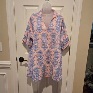 Emily McCarthy Pink Blue Poppy Bow Royalty Print V-neck Linen Blend Dress Small